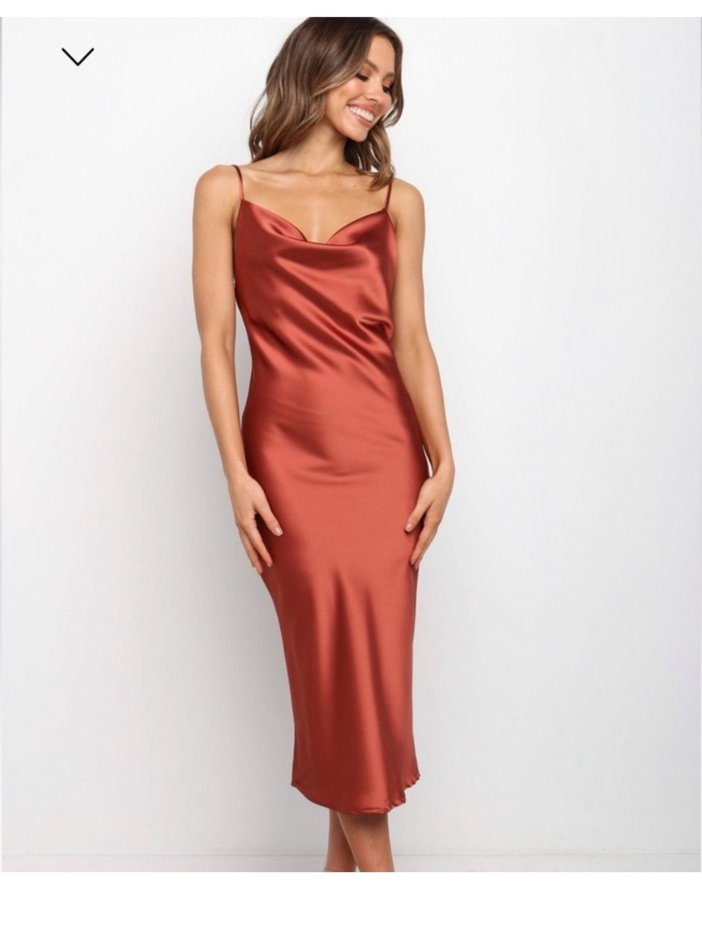 Petal & Pup Satin Slip Midi Dress in Rust